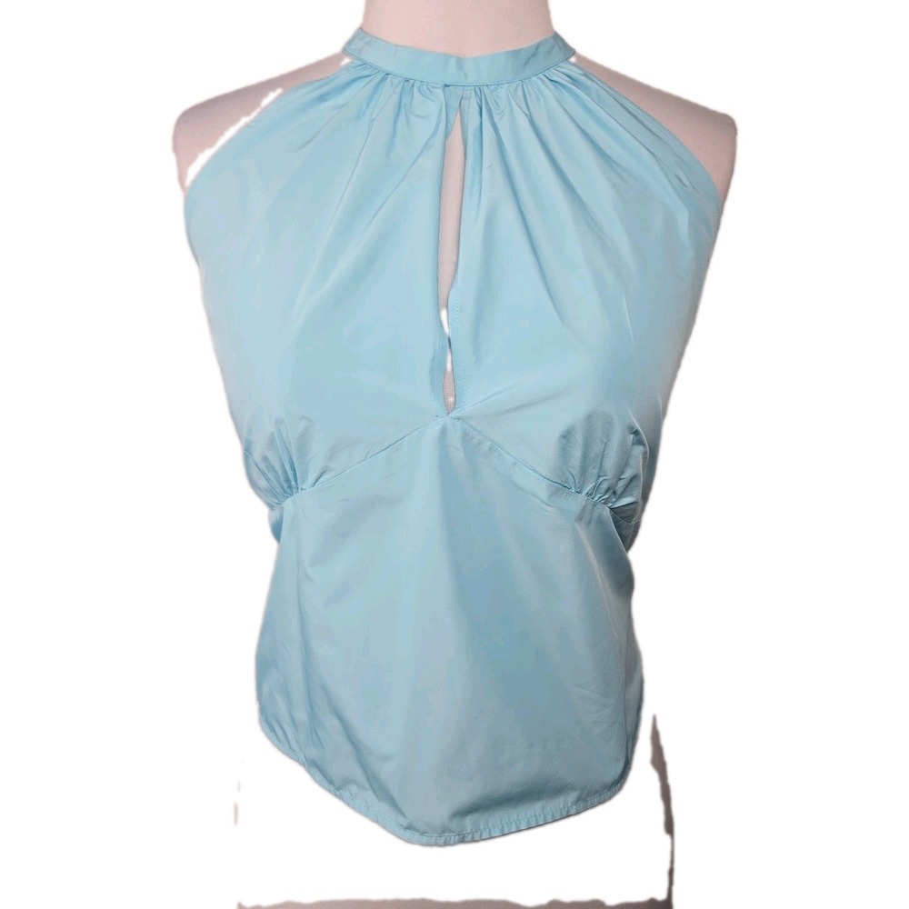 ZARA Aqua Sleeveless High Neck Tie Back Crop Top Keyhole Small S
